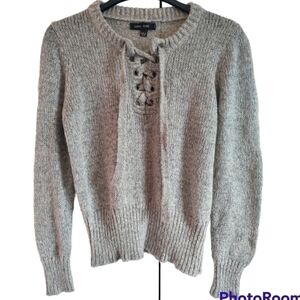 Love Tree knit sweater tied v neck size Large beige/gray/brown